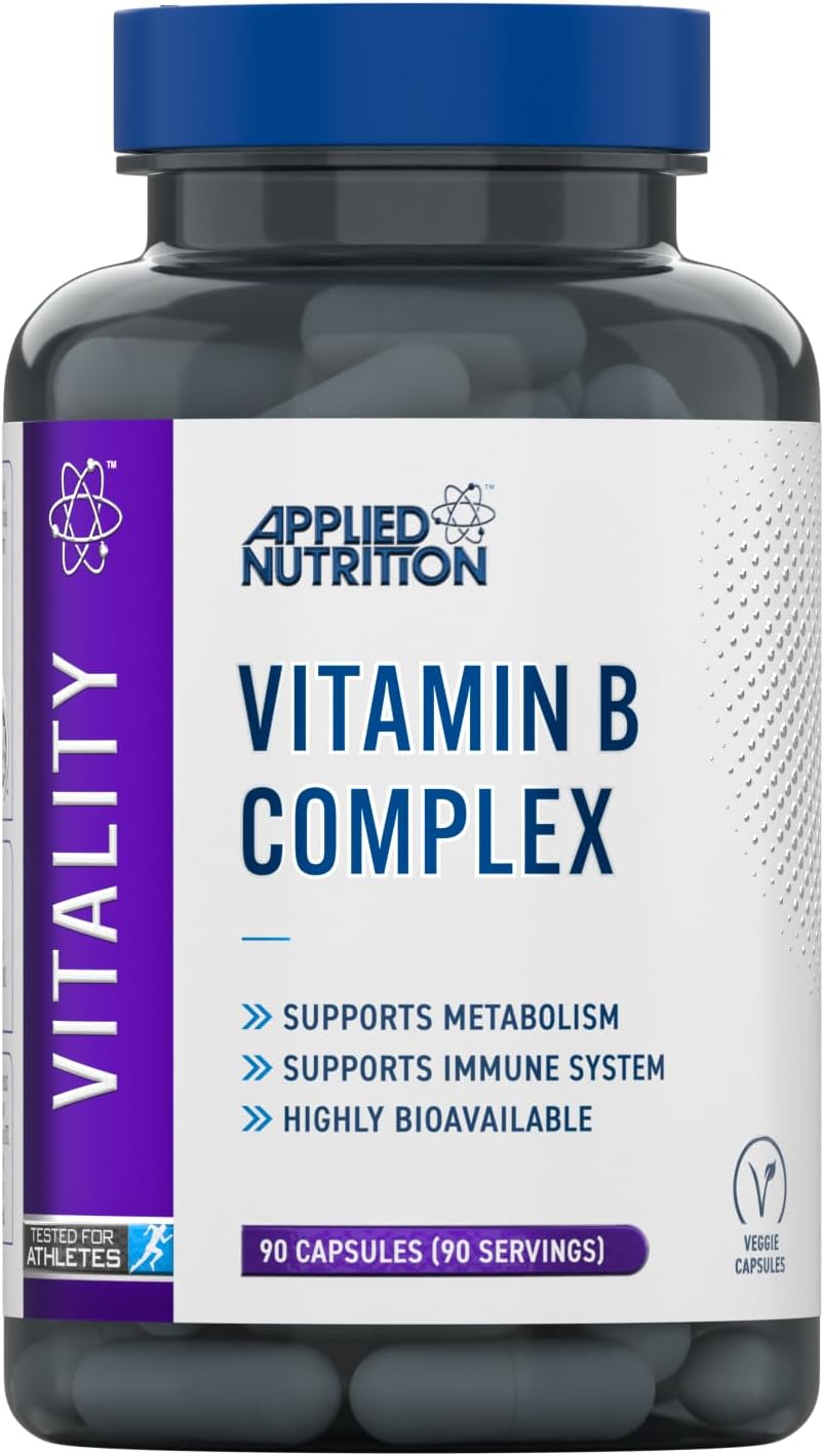 Applied Nutrition Vitamin B Complex High Strength, 90 Vegan Capsules, B1, B2, B3 Niacin, B5, B6, B7 Biotin, B9 Folic Acid, B12, with Choline, Inositol, PABA, Energy and Immune Supp
